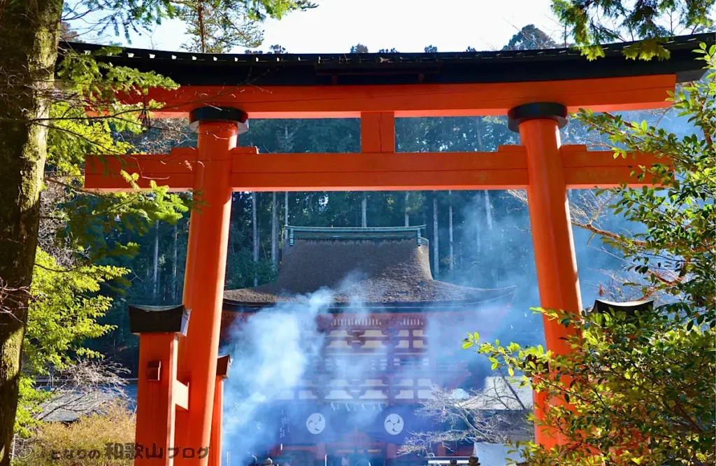 丹生都比売神社の本殿と鳥居と紅葉